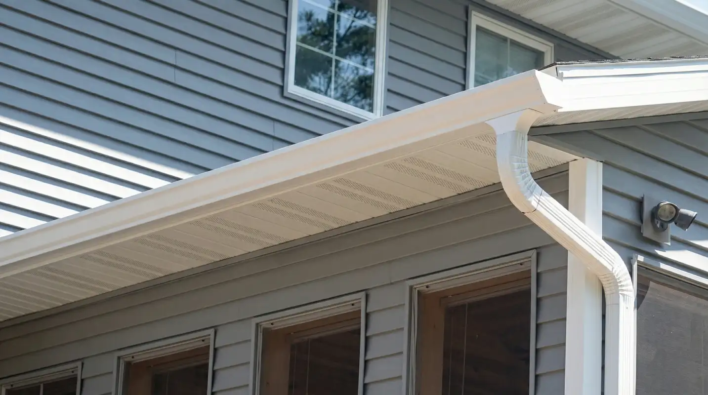 Professional home remodeling project showing newly installed white seamless gutters and downspouts on a house with gray siding in Richmond, VA