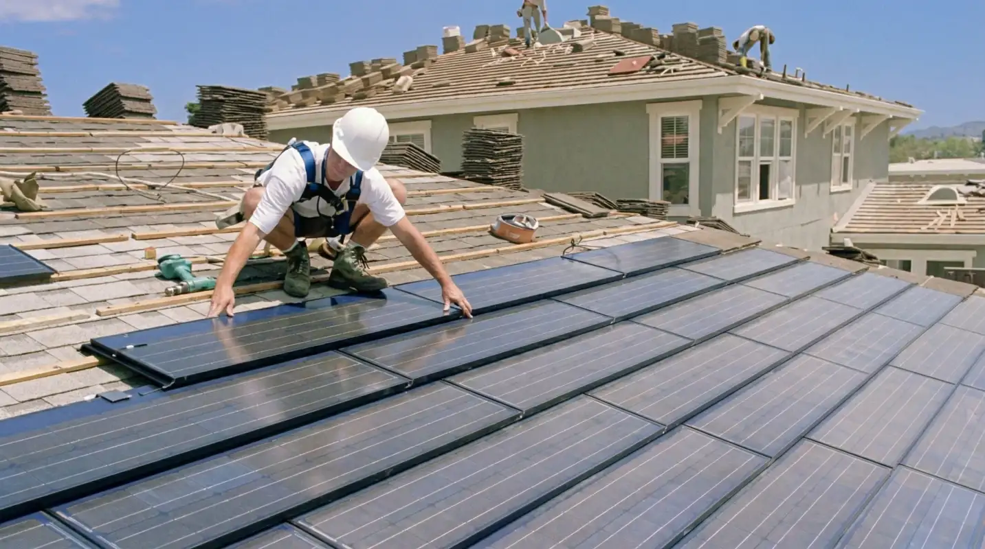 Roof replacement expert installing modern solar shingles on a residential home in Richmond, VA