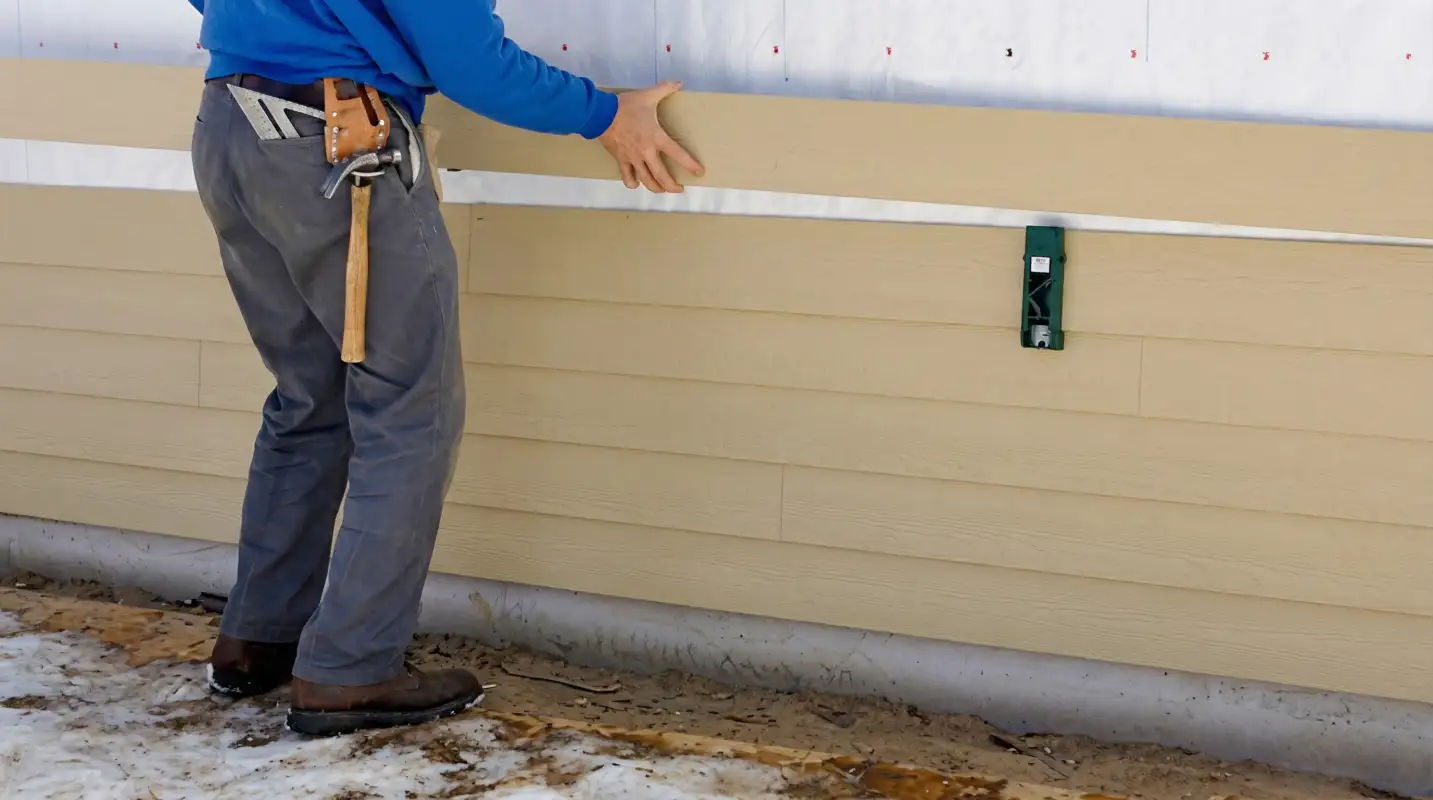 Siding replacement expert carefully aligning a new tan siding panel onto a residential exterior wall in Richmond, VA