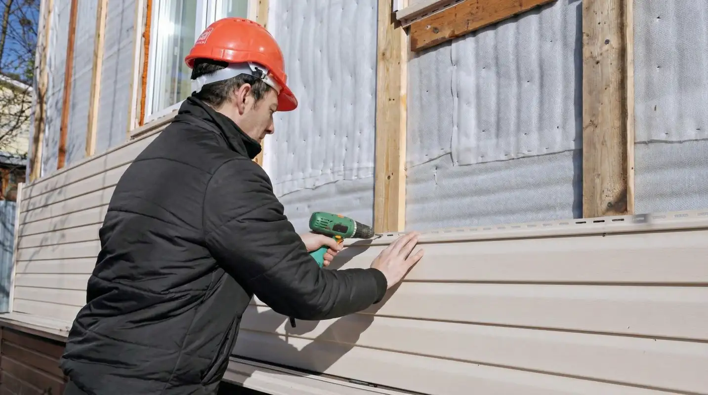 Siding replacement professional using a power drill to install new tan vinyl siding on a home exterior in Richmond, VA