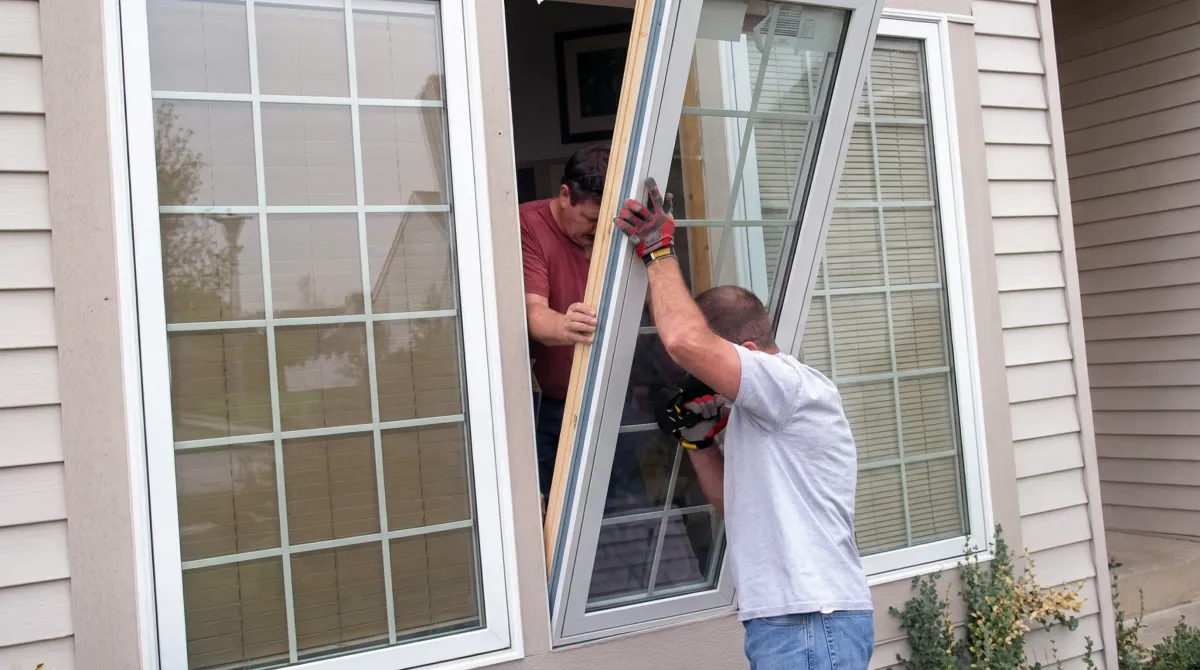 Professional home remodeling team installing a large replacement window on a house with tan siding in Richmond, VA