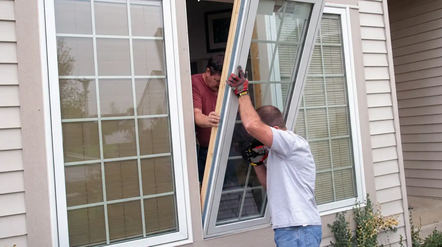 Professional home remodeling team installing a large replacement window on a house with tan siding in Richmond, VA